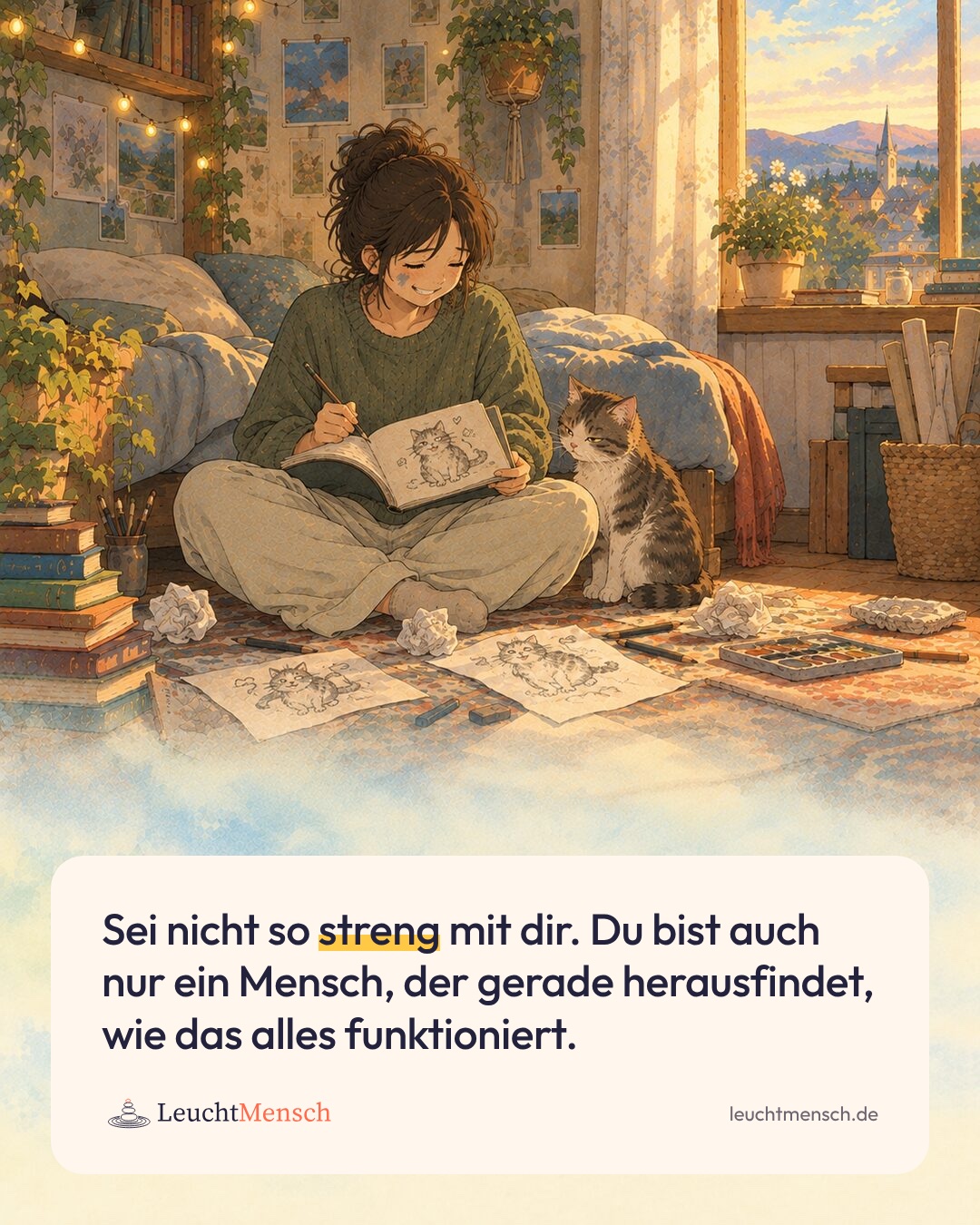 „Sei nicht so streng mit dir. Du bist auch nur ein Mensch, der gerade herausfindet, wie das alles funktioniert.“